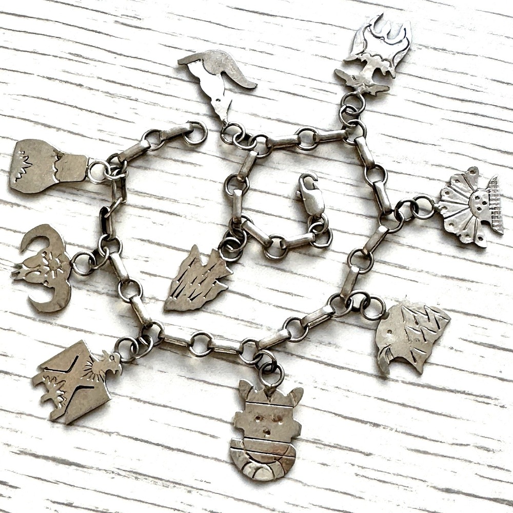 Navajo Charm Bracelet Signed E Spencer Stamped 13g 8in Sterling VTG 70s Loaded